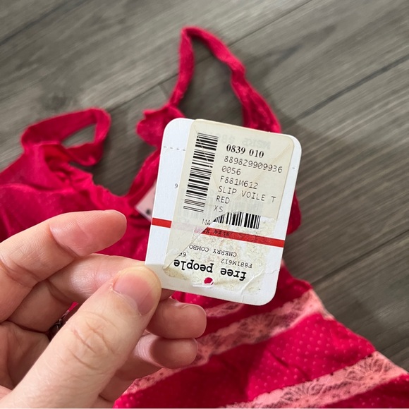 New Free People Red Pink Polka Dots Voile & Lace Boho Trapeze Mini Slip Dress XS - Picture 5 of 9